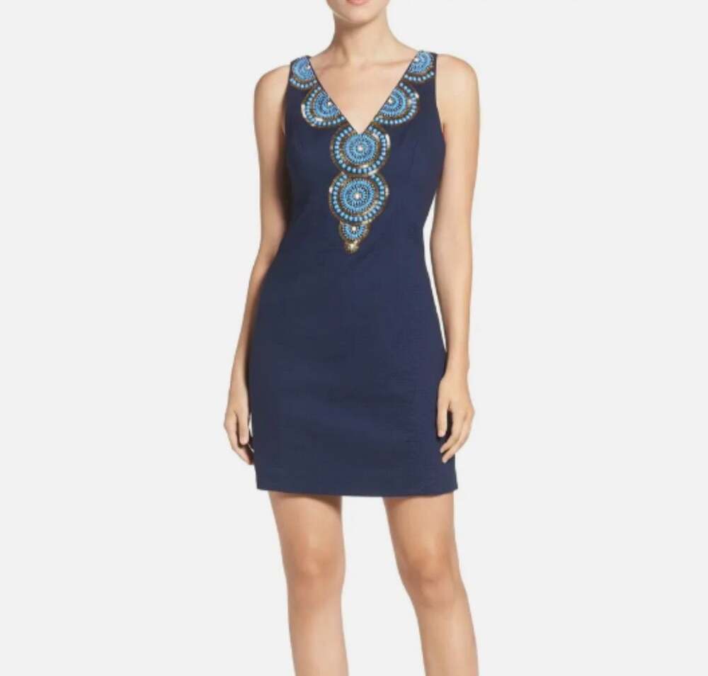 Lilly Pulitzer Gabby Navy Blue Gold Beaded V-Neck Shift Mini Dress Size 4
